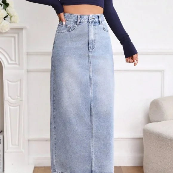 Blue Casual Womens High Waist Split Back Straight Denim Skirt - Picture 5 of 5